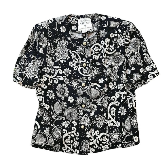 Teri Jon Rickie Freeman Linen Floral Short Sleeve Jacket Top Beige Black Size 8 - Picture 1 of 5
